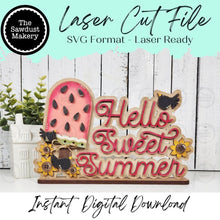 Load image into Gallery viewer, Hello Sweet Summer Watermelon shelf sitter SVG File | Laser Cut File | Watermelon SVG File | Door Hanger svg | Hello Summer SVG | Summer
