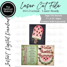 Load image into Gallery viewer, Watermelon Trio Sign Bundle Laser Cut File | Interchangeable Frame | Summer Sign Inserts | 5" x 6.25" signs | Watermelon Signs
