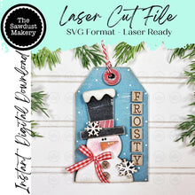 Load image into Gallery viewer, Prim Snowman Frosty Ornament SVG, Gift Tag Ornament SVG, Laser Cut File, Christmas Decor (Digital Download)

