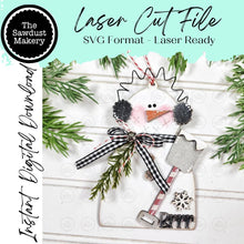 Load image into Gallery viewer, Prim Snowman Shovel Ornament SVG, Gift Tag Ornament SVG, Laser Cut File, Christmas Decor (Digital Download)
