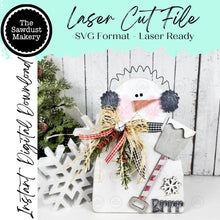 Load image into Gallery viewer, Prim Snowman Shovel Ornament SVG, Gift Tag Ornament SVG, Laser Cut File, Christmas Decor (Digital Download)
