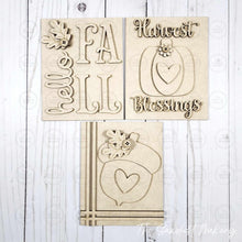 Load image into Gallery viewer, Fall Harvest Pumpkin Trio Sign Bundle Laser Cut File | Interchangeable Frame | Fall Sign Inserts | 5" x 6.25" signs

