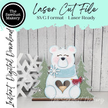 Load image into Gallery viewer, Sitting Polar Bear Winter Candle Votive Shelf Sitter SVG File | Laser Cut File | Winter SVG | Votive Candles | Christmas Trees SVG
