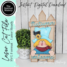 Load image into Gallery viewer, Scarecrow Gnome Sign Door Hanger SVG File | Laser Cut File | Fall SVG File | Door Hanger svg | Scarecrow SVG | Sunflower svg
