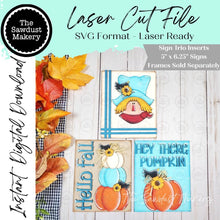 Load image into Gallery viewer, Scarecrow Trio Sign Bundle Laser Cut File | Interchangeable Frame | Fall Sign Inserts | 5" x 6.25" signs

