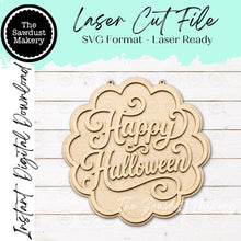 Load image into Gallery viewer, Happy Halloween Scallop Door Hanger SVG | Fall Laser Cut File (Digital Download)
