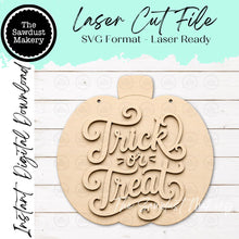 Load image into Gallery viewer, Trick or Treat Pumpkin Door Hanger SVG | Fall Laser Cut File (Digital Download)
