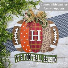 Load image into Gallery viewer, Patchwork Pumpkin Football Game Day Personalized Door Hanger SVG | Fall Laser Cut File (Digital Download)
