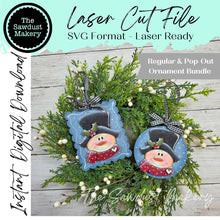 Load image into Gallery viewer, Snowman Scallop &amp; Round Ornament + Pop-out Ornament Version SVG | Laser Cut File, Ornament (Digital Download)
