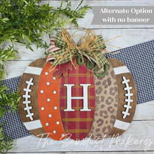 Load image into Gallery viewer, Patchwork Pumpkin Football Game Day Personalized Door Hanger SVG | Fall Laser Cut File (Digital Download)
