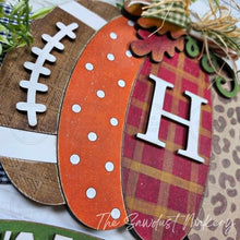 Load image into Gallery viewer, Patchwork Pumpkin Football Game Day Personalized Door Hanger SVG | Fall Laser Cut File (Digital Download)
