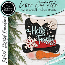 Load image into Gallery viewer, Hello Frosty Hat Snowman Door Hanger Sign SVG File | Winter Laser Cut File | Winter Welcome Sign | Christmas Holiday Decor | Snowman Hat
