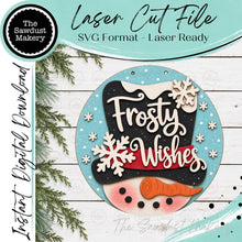 Load image into Gallery viewer, Frosty Wishes Snowman Hat Door Hanger Sign SVG File | Winter Laser Cut File | Winter Welcome Sign | Christmas Holiday Decor | Snowman Hat
