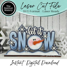 Load image into Gallery viewer, Let it Snow Snowman Shelf Sitter Standing Sign File SVG | Winter Laser Cut File | Winter Mantle decor | Christmas SVG | Snowman Word Art Svg
