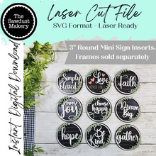 Load image into Gallery viewer, Inspirational Round Sign Bundle | 3" Round Signs | Candy/Mason/Cookie Jar lid Interchangeable Frame SVG | Laser Cut File
