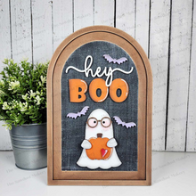 Load image into Gallery viewer, Interchangeable Large Arched Boho Sign Insert | Hey Boo Halloween |  SVG Laser Cut File  | Boho Signs | Seasonal Interchangeable SVG
