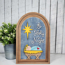 Load image into Gallery viewer, Interchangeable Large Arched Boho Sign Insert | Nativity Oh Holy Night |  SVG Laser Cut File  | Boho Signs | Seasonal Interchangeable SVG
