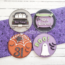 Load image into Gallery viewer, 6&quot; Round Halloween Sign Set SVG  File | Laser Cut File | Interchangeable Frame | Happy Halloween | Boo Ghost | Halloween Truck | Oct 31 SVG
