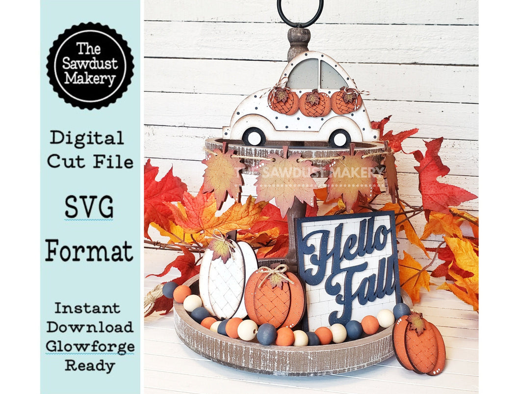 Hello Fall SVG File | Laser Cut File | Glowforge | Hello Fall | Pumpkins  | Leaves | Fall is in the Air | Fall Tiered Tray SVG  | Fall SVG