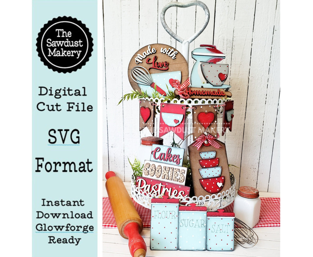 Vintage Baking Tiered Tray SVG File | Laser Cut File | Made with Love | Homemade | Kitchen svg | Baking SVG | Mixer SVG | Vintage Kitchen