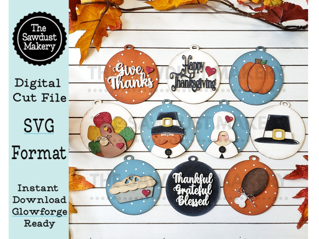 Thanksgiving Ornament Bundle SVG File | Laser Cut File | Fall Ornament Kit | Ornament SVG | Pumpkin svg | Pilgrim SVG | Turkey | Glowforge