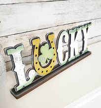 Load image into Gallery viewer, Lucky Standing St. Patrick&#39;s Day Shelf Sitter SVG | Lucky laser cut file | Laser SVG  | Glowforge | Shamrock | Lucky SVG | Mantle svg
