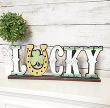 Load image into Gallery viewer, Lucky Standing St. Patrick&#39;s Day Shelf Sitter SVG | Lucky laser cut file | Laser SVG  | Glowforge | Shamrock | Lucky SVG | Mantle svg
