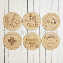 Load image into Gallery viewer, 6&quot; Round Valentine Interchangeable Sign Set SVG  File | Laser Cut File | Interchangeable  Farmhouse Frame | Love | Be Mine SVG | Kisses
