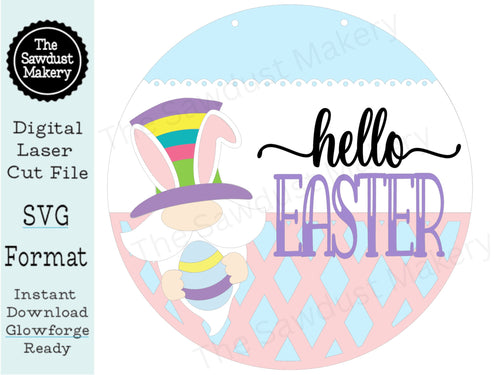 Hello Easter Gnome Door hanger SVG Laser File | Easter Laser Cut Files | Laser cut SVG | Glowforge | Easter Door Hanger svg | Gnome svg