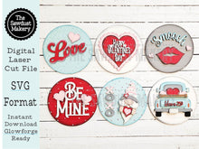 Load image into Gallery viewer, 6&quot; Round Valentine Interchangeable Sign Set SVG  File | Laser Cut File | Interchangeable  Farmhouse Frame | Love | Be Mine SVG | Kisses
