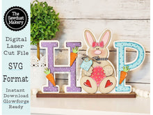 Load image into Gallery viewer, HOP Standing Bunny Shelf Sitter SVG | Laser Cut File | Glowforge | Easter SVG | Bunny laser cut file | Bunny svg | Easter Mantle Decor
