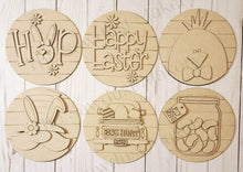 Load image into Gallery viewer, 6&quot; Round Easter Interchangeable Sign Set SVG  File | Laser Cut File | Interchangeable  Farmhouse Frame | Bunny | Happy Easter SVG | HOP
