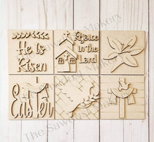 Load image into Gallery viewer, Religious Easter Laser Cut Files | Easter Interchangeable Leaning Sign Bundle File | SVG | Glowforge |  He is Risen Tiered Tray SVG
