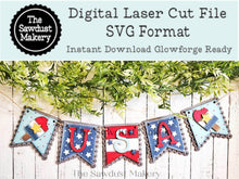 Load image into Gallery viewer, USA Patriotic Banner SVG | Laser Cut File | Glowforge | Red, White &amp; Blue SVG | Banner svg | Banner  America | 4th of July Svg | Stars
