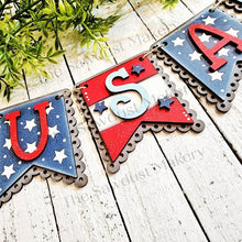 Load image into Gallery viewer, USA Patriotic Banner SVG | Laser Cut File | Glowforge | Red, White &amp; Blue SVG | Banner svg | Banner  America | 4th of July Svg | Stars
