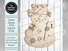 Load image into Gallery viewer, Snowman Candy Cane Door Hanger SVG | Snowman laser cut file | Merry &amp; Bright SVG  | Glowforge | Snowman svg | Winter SVG
