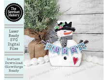 Load image into Gallery viewer, Snowman Banner Shelf Sitter SVG | Snowman laser cut file | Snow SVG | Glowforge | Snowman | Frosty | Brrr | Snowflakes |Winter SVG

