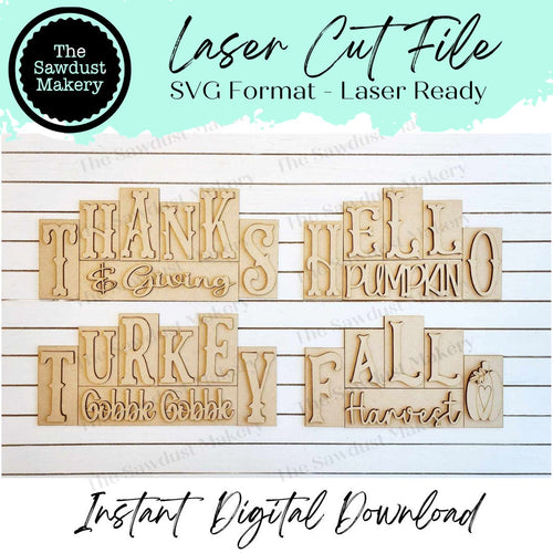 Add-on Mini Fall Thanksgiving Word Block 5 & 6 Letter Sets | Mini Word Block SVG laser Cut File | Glowforge | Tiered Tray Laser decor SVG