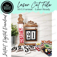 Load image into Gallery viewer, Interchangeable Seasonal Standing Calendar &amp; Sign Frame SVG | Laser Cut File | Glowforge | 4.25 Sign Insert Frame | Seasonal Interchangeable
